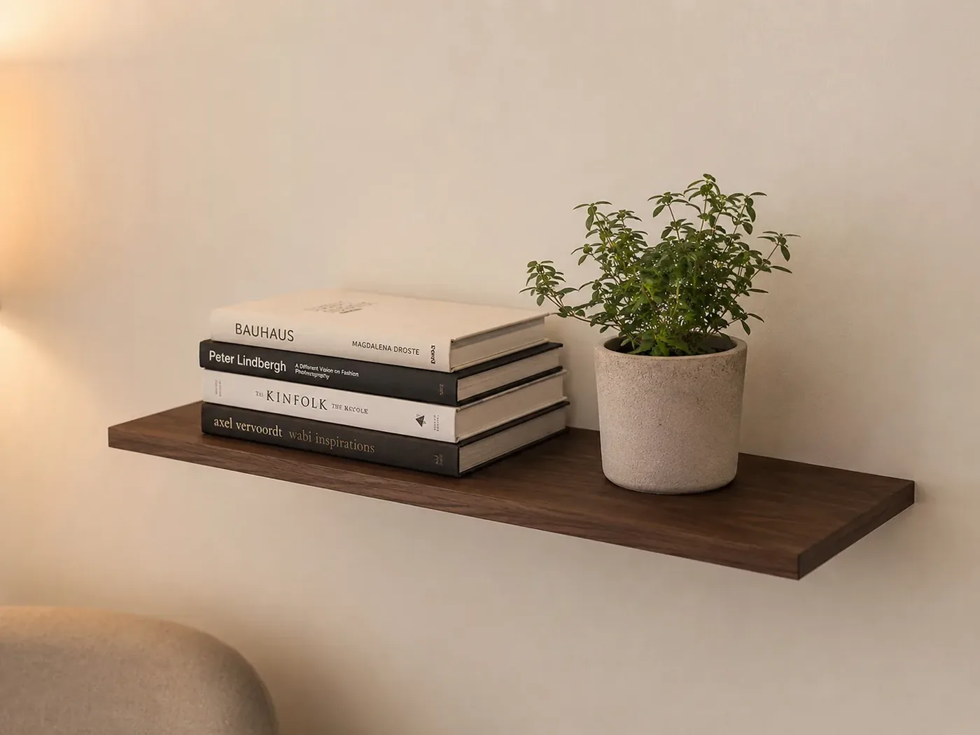 Una de las tres repisas montada sola, con libros y una planta